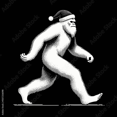 Bigfoot in a Red Santa Claus Costume Running Wild