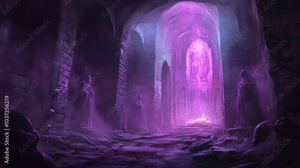 A mysterious and eerie hallway with a bright, pulsing, purple light at the end A mysterious and eerie hallway with a bright, pulsing, purple light at the end