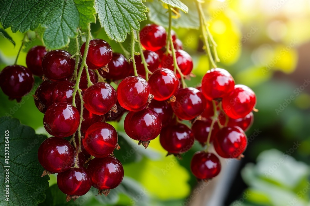 A bush of Redcurrant (Ribes Rubrum) laden with ripe, bright red berries, with the glossy fruit hanging in clusters against vibrant green leaves A bush of Redcurrant (Ribes Rubrum) laden with ripe, bright red berries, with the glossy fruit hanging in clusters against vibrant green leaves