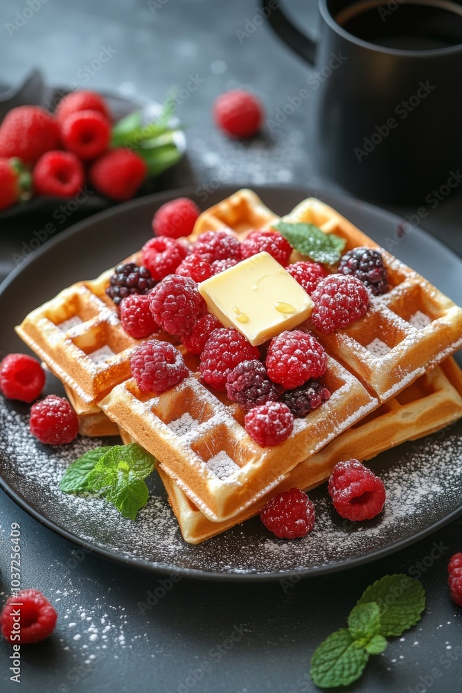 Delicious waffles topped with fresh berries and butter served with coffee for breakfast Delicious waffles topped with fresh berries and butter served with coffee for breakfast