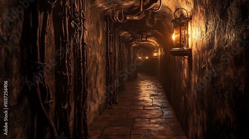 A dimly lit stone corridor with hanging lanterns, vines, and brick walls.