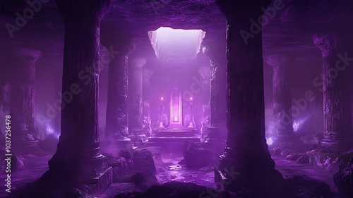 A mysterious, purple-lit chamber with a glowing entrance, surrounded by pillars and rocks. photo