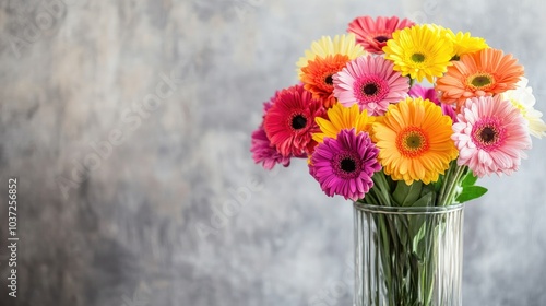 A vibrant bouquet of mixed flowers in full bloom, arranged in a glass vase against a neutral background, symbolizing freshness and beauty