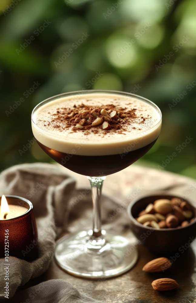 A luxurious dessert cocktail garnished with nuts served in a stylish glass at an outdoor setting A luxurious dessert cocktail garnished with nuts served in a stylish glass at an outdoor setting