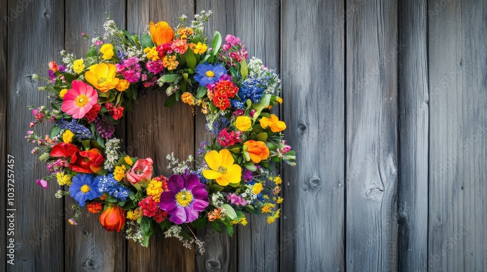 A wreath of colorful flowers on a rustic wooden door, welcoming the freshness and joy of spring A wreath of colorful flowers on a rustic wooden door, welcoming the freshness and joy of spring