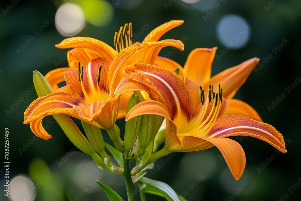 Obraz premium A cluster of bright orange Daylilies in full bloom, their vibrant petals glowing in the morning sunlight