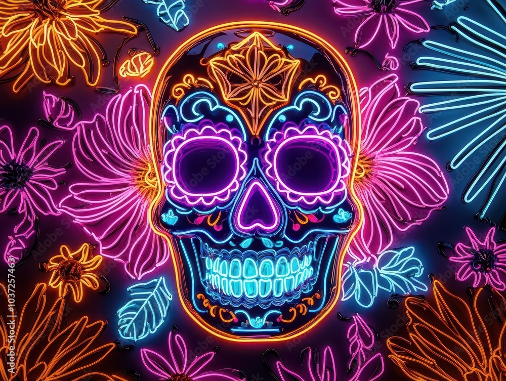 Luminous sugar skull with vibrant glowing lace details, surrounded by neon floral mandalas, sugar skull, bohemian neon art Luminous sugar skull with vibrant glowing lace details, surrounded by neon floral mandalas, sugar skull, bohemian neon art