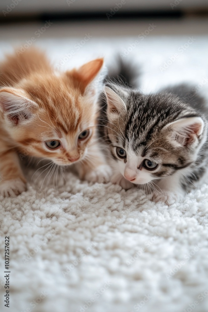 Two playful kittens exploring a soft white rug in a cozy indoor setting Two playful kittens exploring a soft white rug in a cozy indoor setting