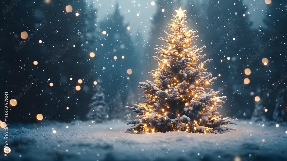 A Snowy Christmas Tree Illuminated with Warm Lights in a Forest Setting A Snowy Christmas Tree Illuminated with Warm Lights in a Forest Setting