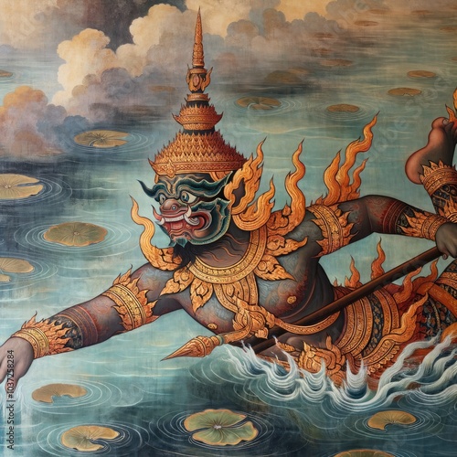 Fierce Mythological Warrior: A Demon Hero in Ornate Golden Armor Swiftly Swimming Through Lotus-Filled Waters, Holding a Weapon, Depicted in Traditional Thai Mural Style photo