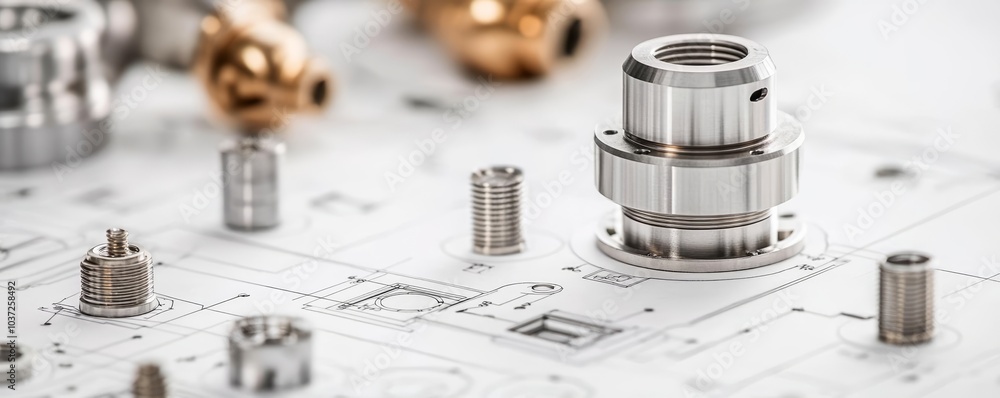 Close-up of metal components on technical drawings, intricate mechanical engineering, industrial design, high-detail manufacturing setup Close-up of metal components on technical drawings, intricate mechanical engineering, industrial design, high-detail manufacturing setup
