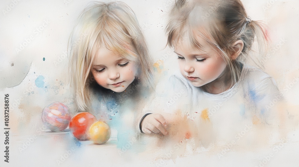Two young girls play together, focused on colorful balls, captured in a soft watercolor style, evoking innocence and curiosity. Two young girls play together, focused on colorful balls, captured in a soft watercolor style, evoking innocence and curiosity.