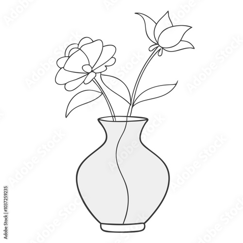 Vase with two flowers in minimalist line art illustration