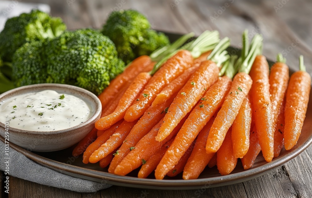 Fresh carrots and broccoli served with creamy dip on a rustic wooden table in a cozy kitchen Fresh carrots and broccoli served with creamy dip on a rustic wooden table in a cozy kitchen