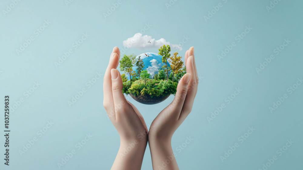 Hands holding small globe with trees and clouds, symbolizing environmental care and sustainability. This represents commitment to greener future and reducing CO2 footprint Hands holding small globe with trees and clouds, symbolizing environmental care and sustainability. This represents commitment to greener future and reducing CO2 footprint