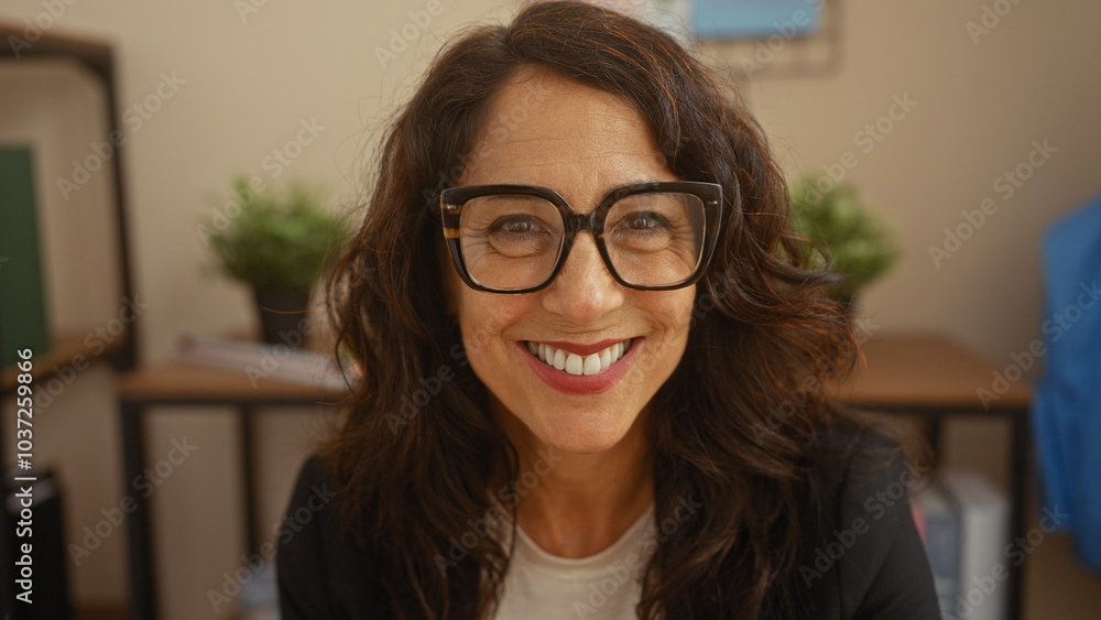 Smiling middle-aged woman with glasses at home. Smiling middle-aged woman with glasses at home.