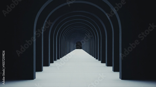 A long, dark hallway with arched doorways leading to a mysterious destination.