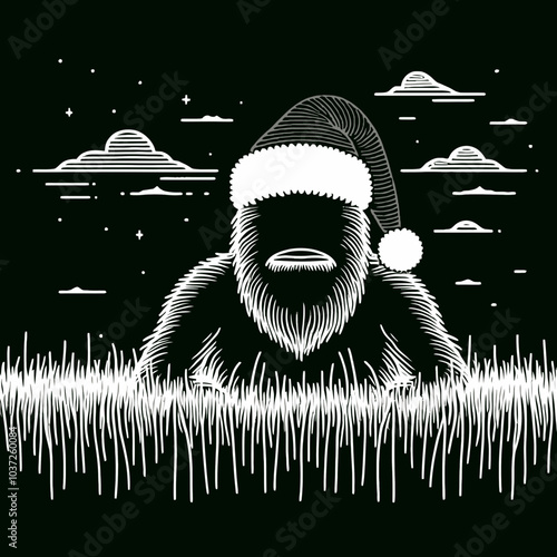 Bigfoot in a Santa Hat Relaxing on the Grass