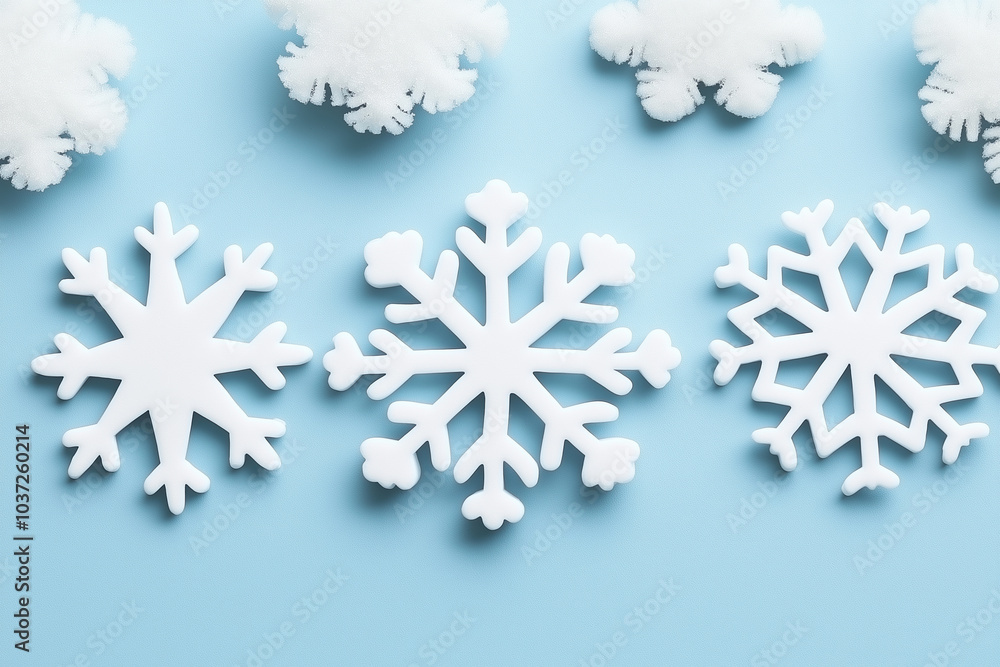 Decorative white snowflakes arranged on a light blue background for winter-themed crafts Decorative white snowflakes arranged on a light blue background for winter-themed crafts
