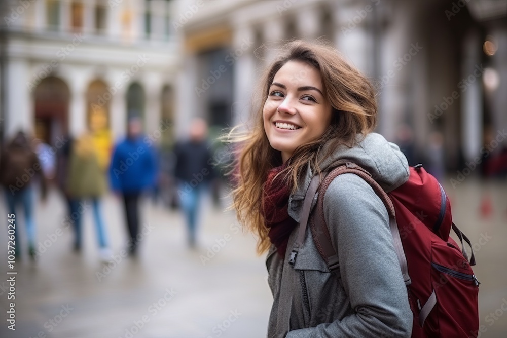 Happy young woman with backpack walking in the city. Shallow depth of field. Happy young woman with backpack walking in the city. Shallow depth of field.