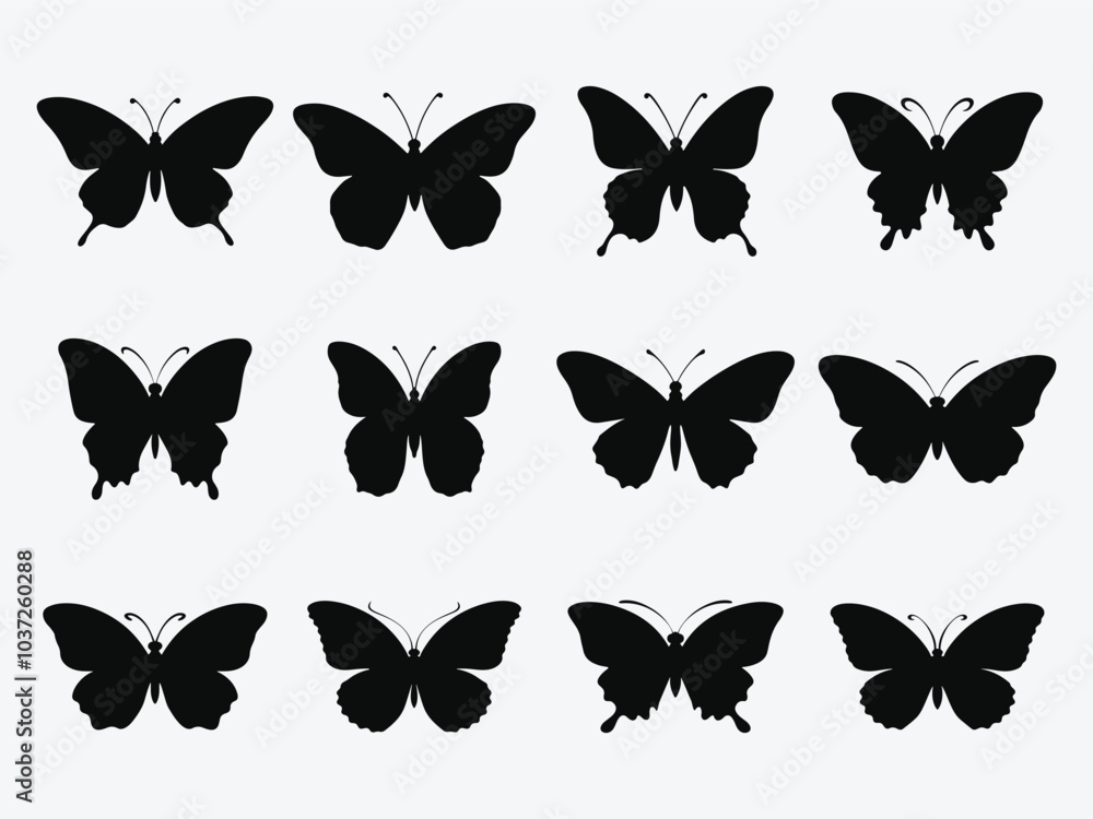 Butterflies silhouette set. Vector illustration. Set of doodle black butterfly silhouettes on wings isolated on white background. Butterflies silhouette set. Vector illustration. Set of doodle black butterfly silhouettes on wings isolated on white background.