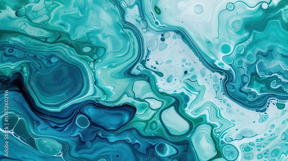 Oceanic Serenity, an abstract fluid art piece featuring deep blues and greens, evokes tranquility through its mesmerizing marbled textures and flowing patterns. Oceanic Serenity, an abstract fluid art piece featuring deep blues and greens, evokes tranquility through its mesmerizing marbled textures and flowing patterns.