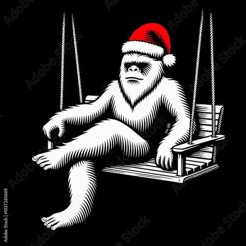 Bigfoot in a Santa Hat on a Relaxing Porch Swing