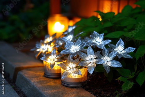 A gothic garden scene with dark, shadowy Jacobaea Maritima plants, their silver leaves glowing softly in the candlelight photo