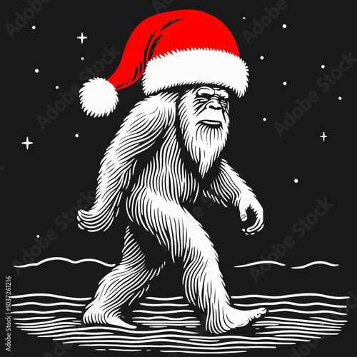 Bigfoot in a Santa Hat Strolling Along the Beach