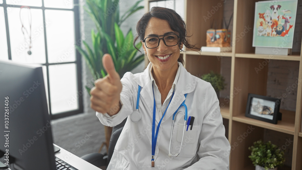A smiling woman in a medical coat with glasses giving a thumbs up in a clinic office. A smiling woman in a medical coat with glasses giving a thumbs up in a clinic office.