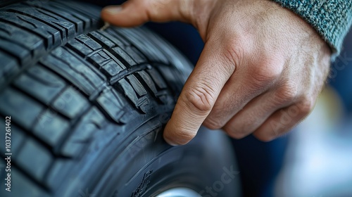 A close-up of a man calibrating a car tire, focusing on the hand performing the calibration photo