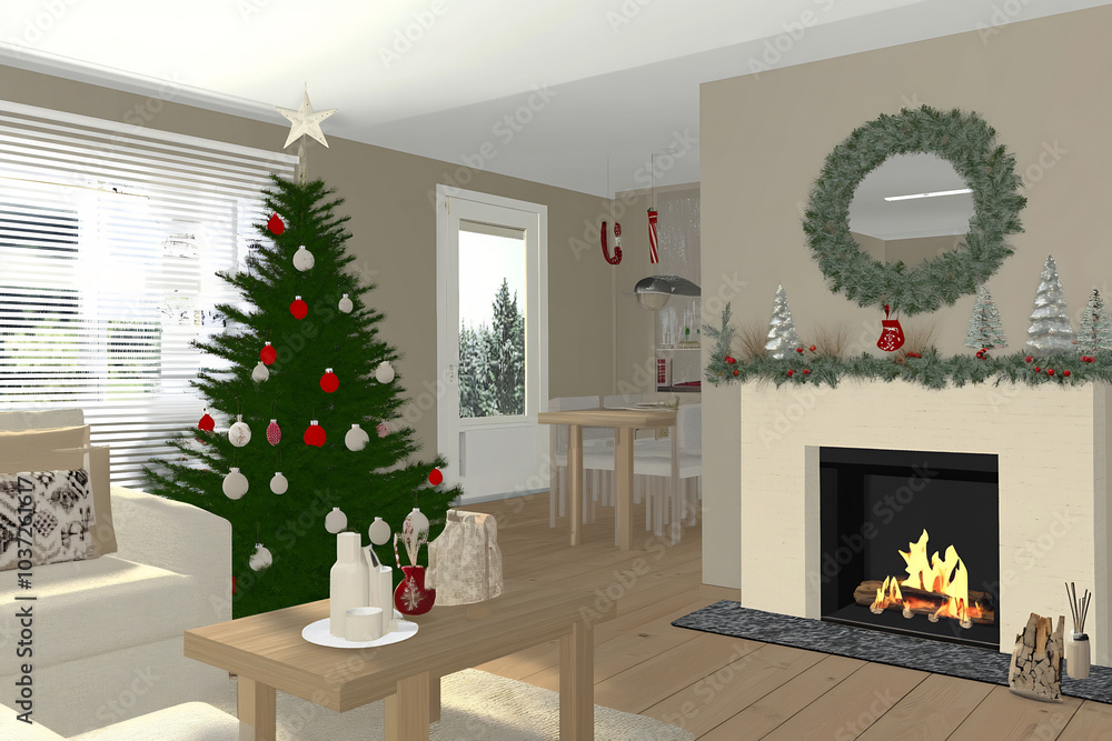 Cozy holiday living room with decorated Christmas tree, warm fireplace, and festive decorations, perfect for winter celebrations Cozy holiday living room with decorated Christmas tree, warm fireplace, and festive decorations, perfect for winter celebrations