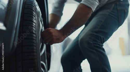 A selective focus shot of a man calibrating a car tire