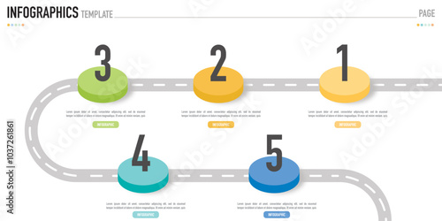 Circular isometric infographic template or element with 5 step, process, option, colorful 3D circle, tag, button, label, icons, row, bar, funnel, fishbone, tree diagram for sale slide, web, flowchart