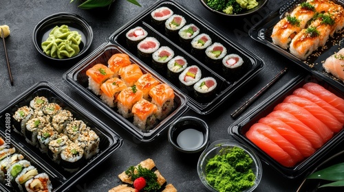 Delightful sushi options are artfully arranged on platters, ready for guests to enjoy at an elegant catering service. Generative AI