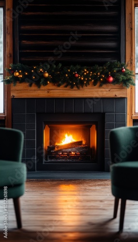 Cozy living room with a fireplace, decorated for the holidays.