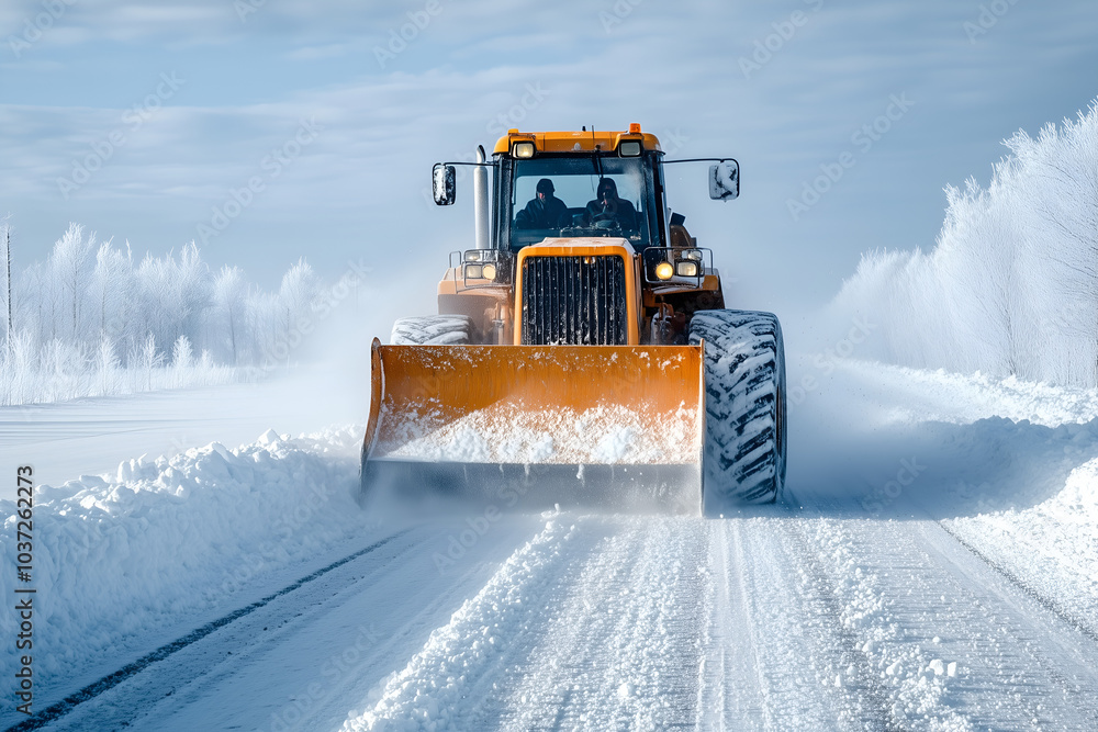 Winter Road Snow Removal with Bulldozer Clearing Snow, Urban Maintenance Winter Road Snow Removal with Bulldozer Clearing Snow, Urban Maintenance