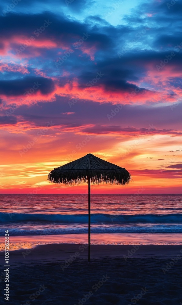 Sunset over beach with umbrella. Sunset over beach with umbrella.