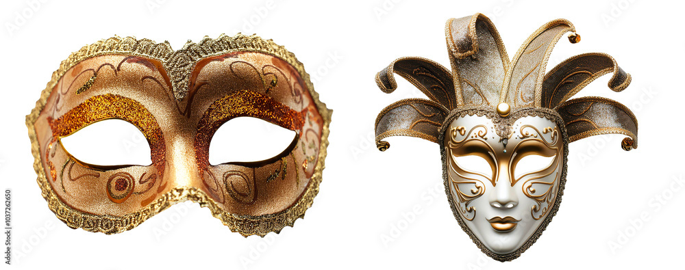 Set of two different carnival masks in gold and gold-white colors. Isolated on transparent background. Set of two different carnival masks in gold and gold-white colors. Isolated on transparent background.
