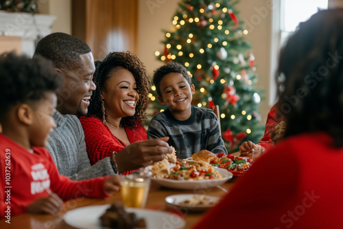 Happy family enjoying a festive meal together during the holiday season at home with a decorated Christmas tree in the background