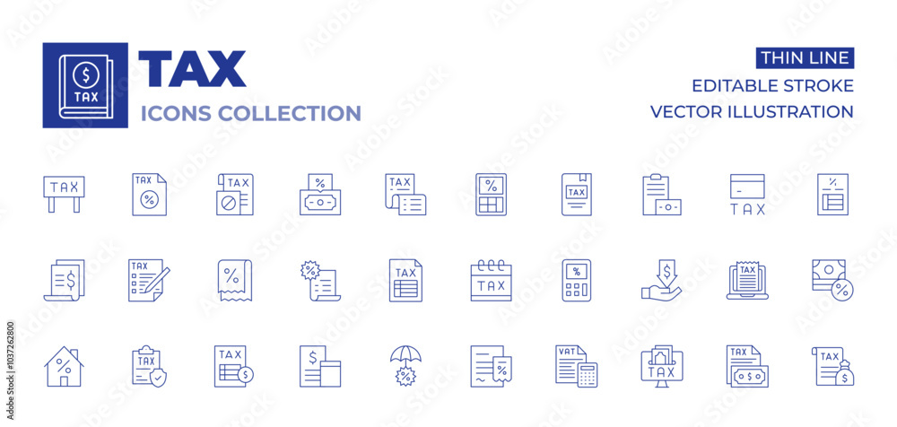 Tax icons collection. Thin Line icons, editable stroke. tax, receipt, protection, taxes, house, inheritance, calendar, calculator, calculation, book, bill, accounting Tax icons collection. Thin Line icons, editable stroke. tax, receipt, protection, taxes, house, inheritance, calendar, calculator, calculation, book, bill, accounting