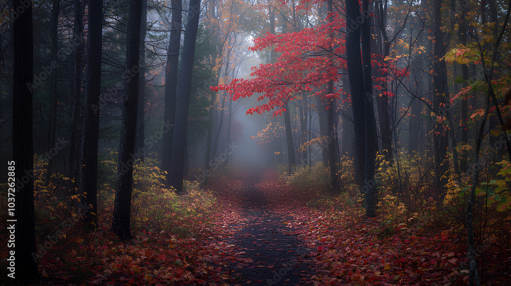 Fototapeta premium Misty autumn morning in the woods with colorful leaves scattered across the forest floor and fog among the trees 