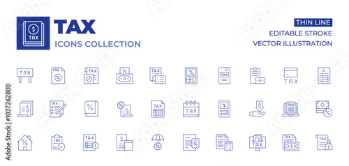 Tax icons collection. Thin Line icons, editable stroke. tax, receipt, protection, taxes, house, inheritance, calendar, calculator, calculation, book, bill, accounting