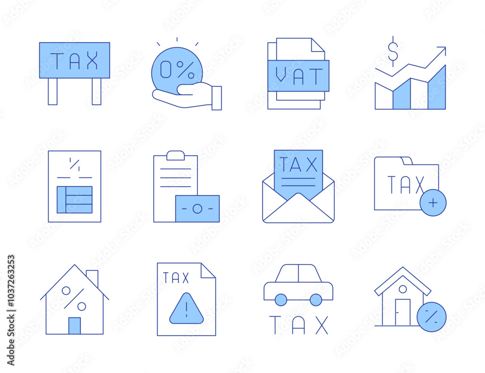 Tax icons. Line Duotone style, editable stroke. warning, tax free, tax, taxes, property, house, vat Tax icons. Line Duotone style, editable stroke. warning, tax free, tax, taxes, property, house, vat