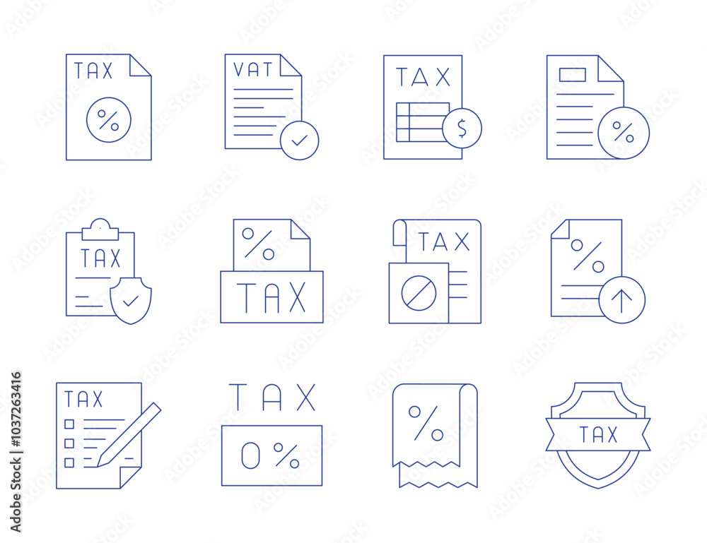 Tax icons. Thin Line style, editable stroke. vat, taxes, tax free, tax, receipt Tax icons. Thin Line style, editable stroke. vat, taxes, tax free, tax, receipt