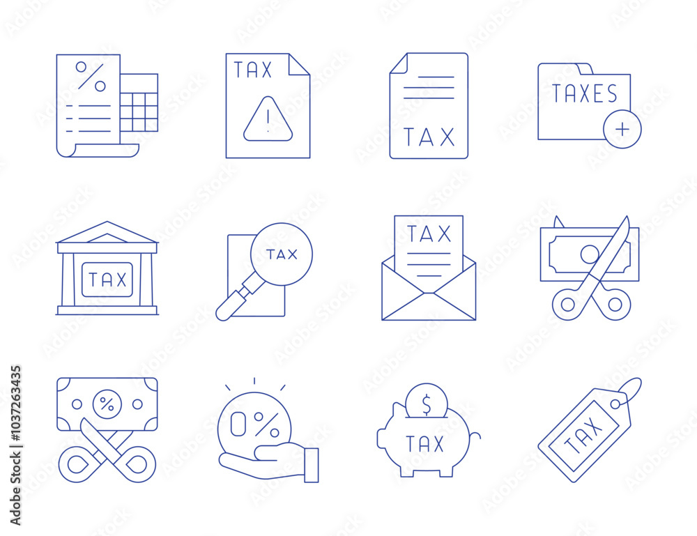 Tax icons. Thin Line style, editable stroke. warning, taxes, tax free, tax, savings, tax office Tax icons. Thin Line style, editable stroke. warning, taxes, tax free, tax, savings, tax office