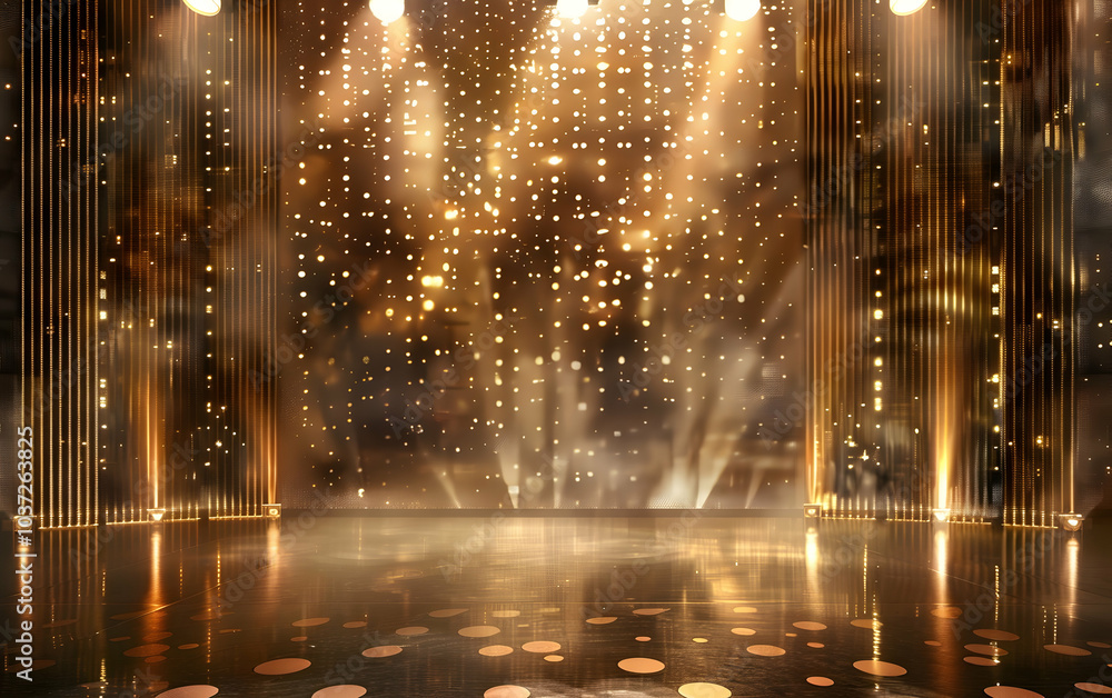 Fototapeta premium The background of the stage is composed of golden dots, with spotlights shining on it from both sides