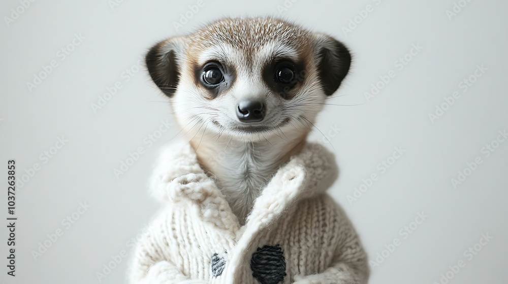 Meerkat pup wearing a quirky outfit posing on a white background Meerkat pup wearing a quirky outfit posing on a white background