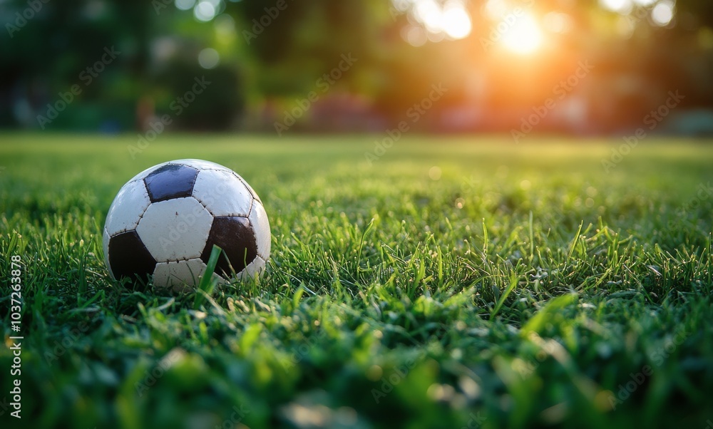 Obraz premium A weathered soccer ball resting on lush green grass under soft afternoon light