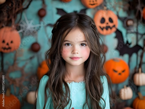 A young girl dressed in a princess costume poses for a photo in front of a spooky fantasy inspired Halloween backdrop  The scene is filled with whimsical enchanting elements and ethereal lighting photo